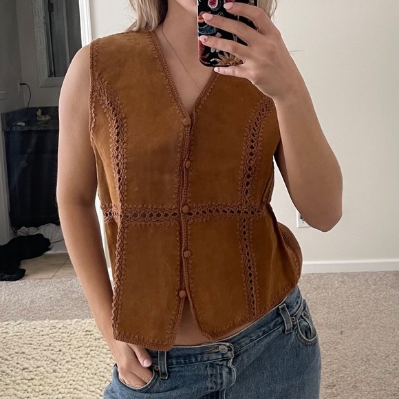 Vintage Western Boho Suede Patchwork‎ Button-Front Sweater Vest - Picture 1 of 9